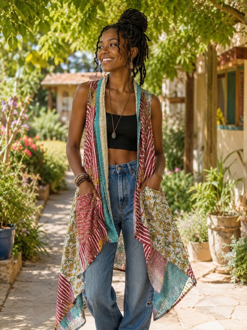 New Reversible Cotton Kantha Boho  Sleeveless Duster Vest in Teal, Red & Yellow